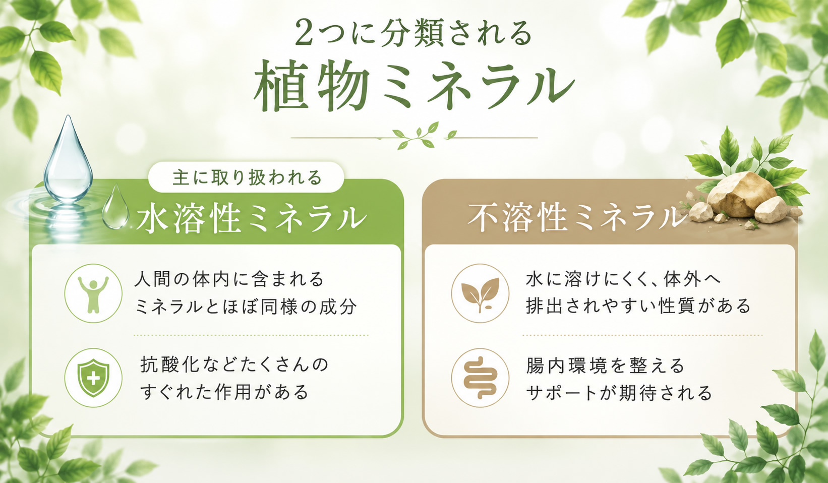 2つに分類される植物ミネラル 主に取り扱われる水溶性ミネラル
人間の体内に含まれるミネラルとほぼ同様の成分、抗酸化などたくさんのすぐれた作用がある