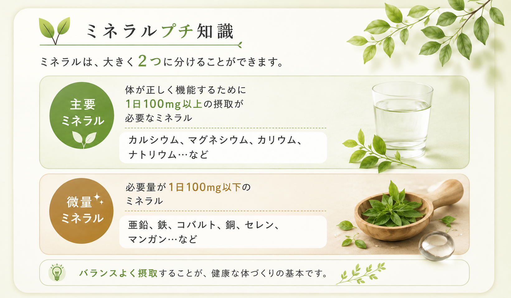ミネラルは大きく2つに分けることができます。
主要ミネラル 体が正しく機能するために1日100mg以上の摂取が必要なミネラル、カルシウム、マグネシウム、カリウム、ナトリウムなど
微量ミネラル 必要量が1日100mg以下の亜鉛、鉄、コバルト、銅、セレニウムなど